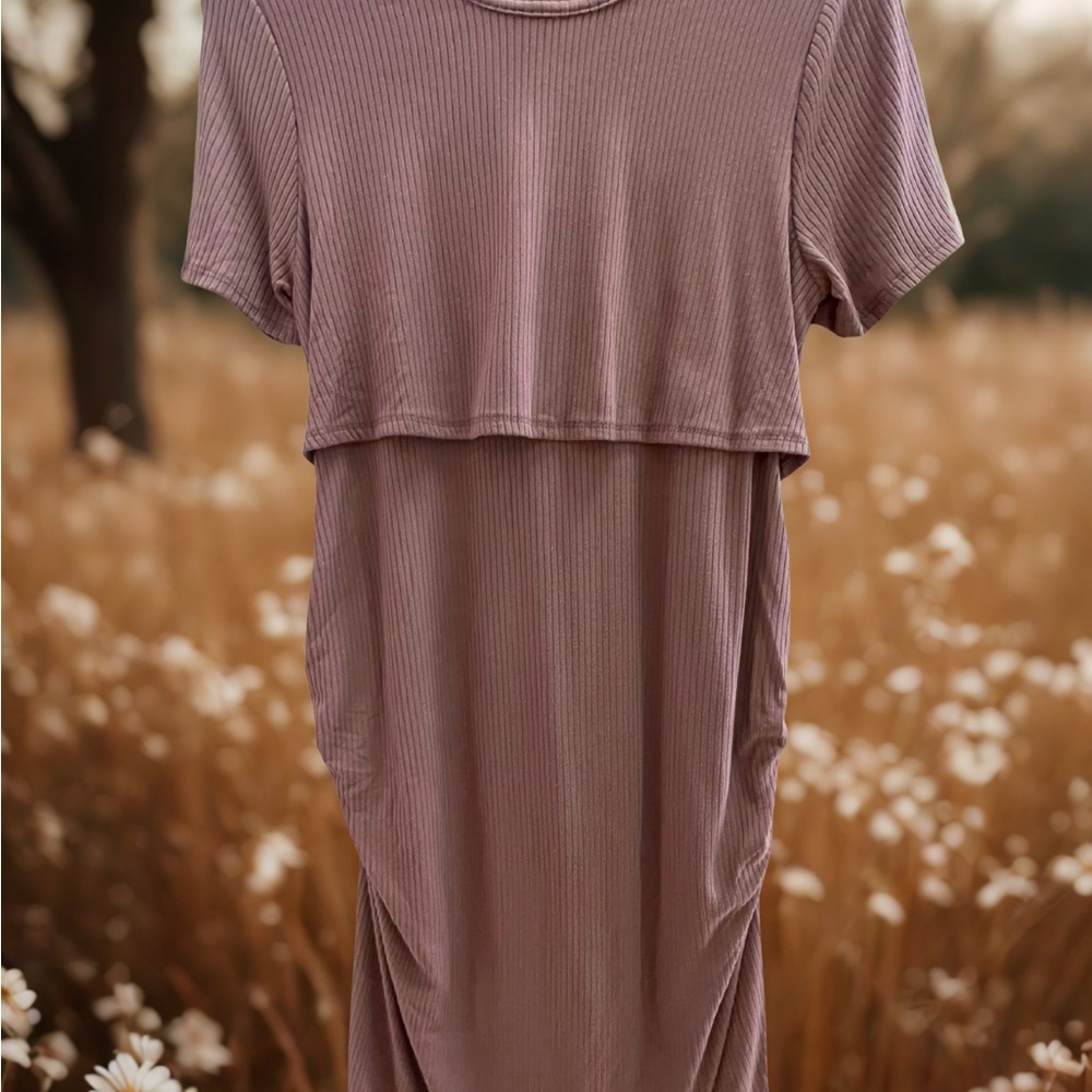 Mauve Ribbed Short Sleeve Maternity Dress